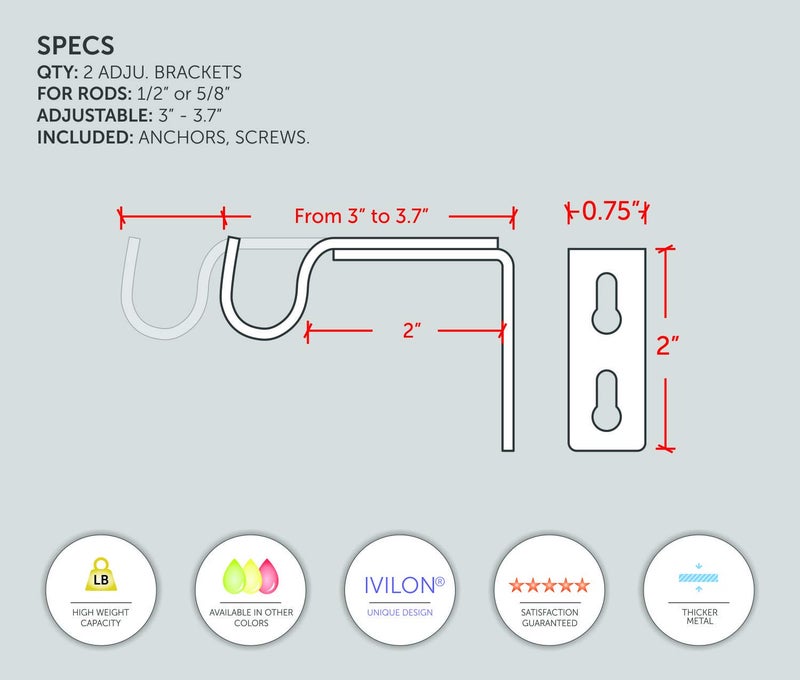 Ivilon دعامات عرض قصيرة من Ivilon لقضبان الستائر - لقضبان مقاس 1/2 أو 5/8 بوصة. مجموعة من 2 - أسود - Image 2
